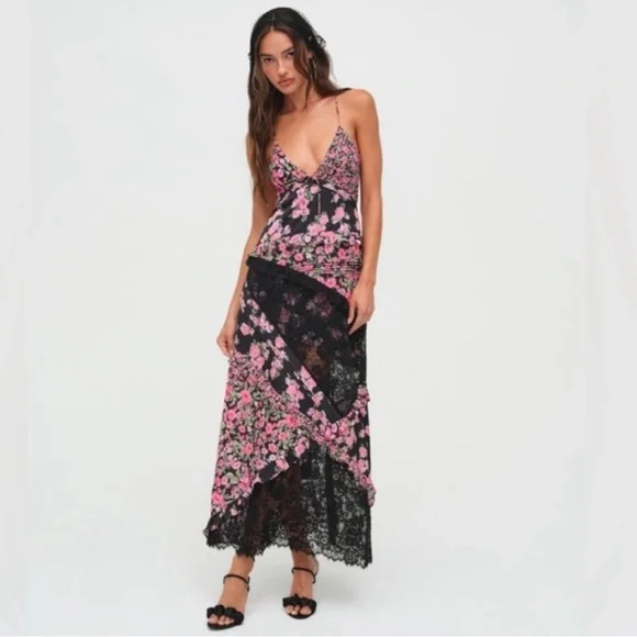 For Love & Lemons Rosalyn Maxi Dress Floral Lace Open Tie Back Black Pink Small - Picture 10 of 12